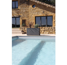 Kamenný dům s bazénem a osázeným truhlíkem na zahradě.