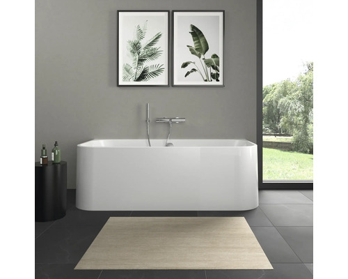 Koupelna s volně stojící vanou, kobercem a obrazy rostlin