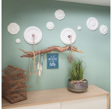 Dekorativní bytová scéna s ozdobnými lištami, větev stromu jako šatní skříň, ptačí klec a hrnková rostlina na komodě