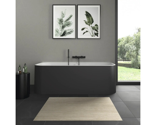 Moderní koupelna s volně stojící vanou, kobercem a obrazy rostlin