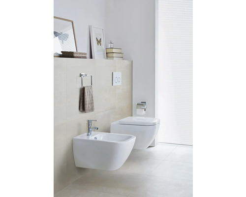 Moderní koupelna s nástěnným bidetem a toaletou, držákem na ručníky a dekoracemi