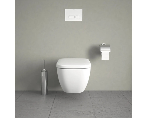 Závěsná toaleta s ovládacím panelem, držákem toaletního papíru a WC štětkou