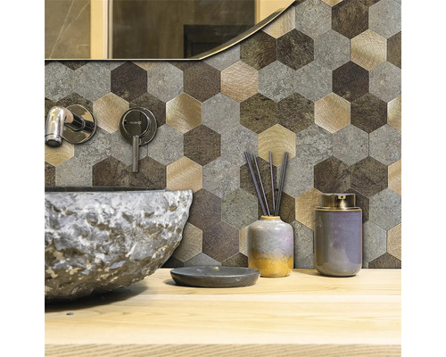 Samolepicí obklad hnědý/zlatý WallTiles Premium metal Stone&Hexagons 28,8x29 cm