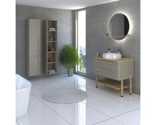 Světlá koupelna s umyvadlem, zrcadlem, skříňkami a rostlinou