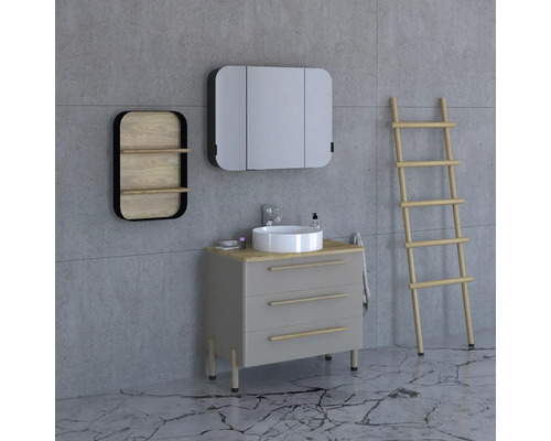 Koupelna s umyvadlovou skříňkou, zrcadlovou skříňkou, regálem a žebříkem na ručníky