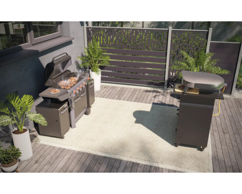 Venkovní prostor s grilem, pecí na pizzu a ozdobným soukromým paravánem