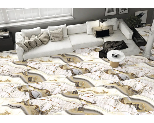 Světlý obývací pokoj s pohovkou a podlahovými dlaždicemi s mramorovým vzhledem