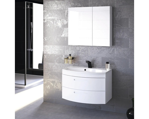 Koupelna s bílou skříňkou pod umyvadlo, umyvadlem, zrcadlovou skříňkou a sprchou