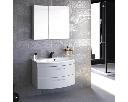 Koupelna s umyvadlovou skříňkou, umyvadlem, zrcadlovou skříňkou a sprchou