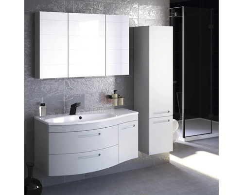 Moderní koupelnový komplet s umyvadlem, zrcadlovou skříňkou a vysokou skříňkou