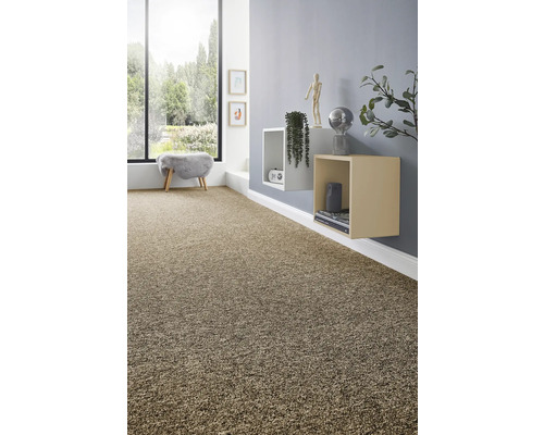 Obývací pokoj s kobercem, policemi a oknem