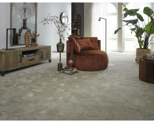 Světlý obývací pokoj s kobercem, křeslem, stolem a rostlinou