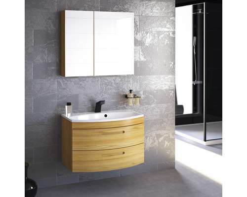 Moderní koupelna s umyvadlovou skříňkou, zrcadlovou skříňkou a sprchou