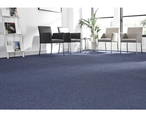 Modrý koberec v čekárně se židlemi a stojanem na časopisy.