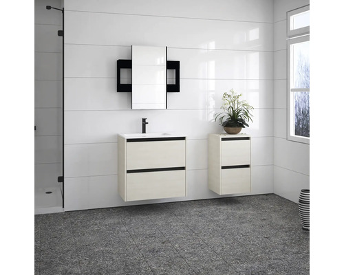 Koupelna s umyvadlovou skříňkou, zrcadlovou skříňkou a vysokou skříňkou