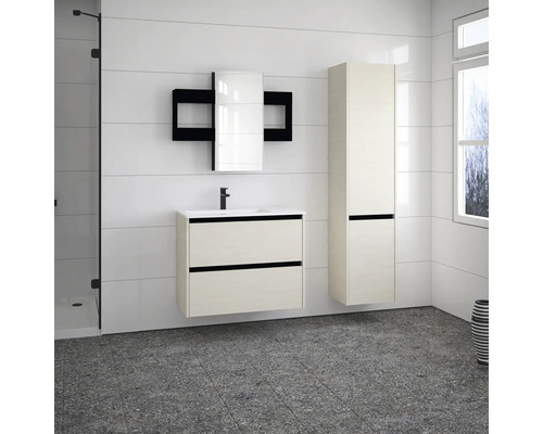 Koupelna s umyvadlovou skříňkou, zrcadlovou skříňkou a vysokou skříňkou