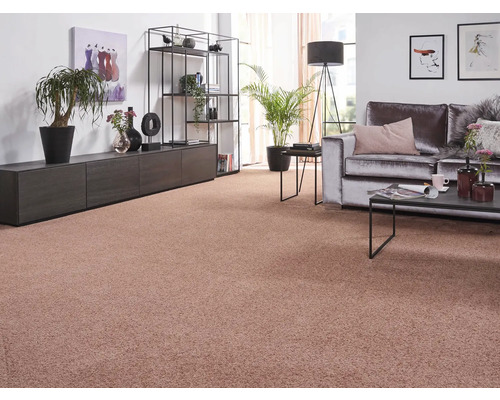 Obývací pokoj s kobercem, pohovkou, regály a dekorací