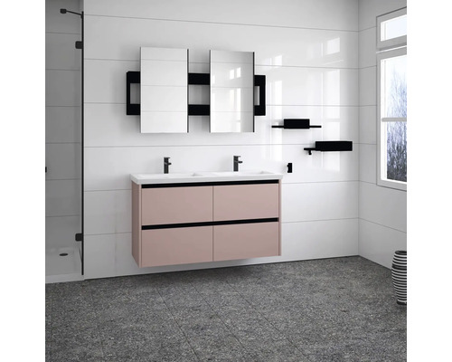 Moderní koupelna s umyvadlovou skříňkou, dvojitým umyvadlem a zrcadlovou skříňkou