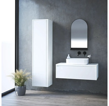 Moderní koupelna s bílou skříňkou pod umyvadlo, zrcadlovou skříňkou a umyvadlem na desku