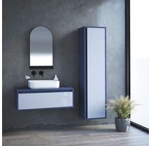 Koupelna s umyvadlem, zrcadlem, vysokou skříňkou a rostlinou