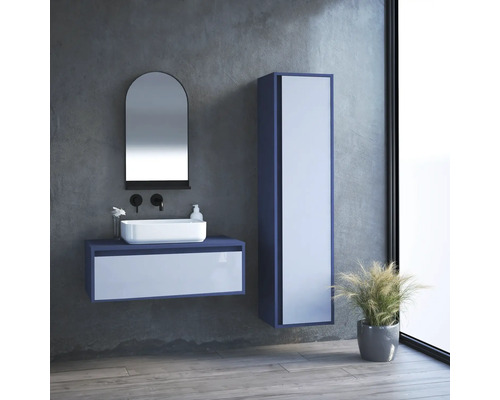 Koupelna s umyvadlem, zrcadlem, vysokou skříňkou a rostlinou