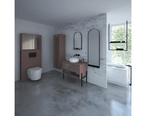 Světlá koupelna s umyvadlem, zrcadly, toaletou, vanou a nábytkem