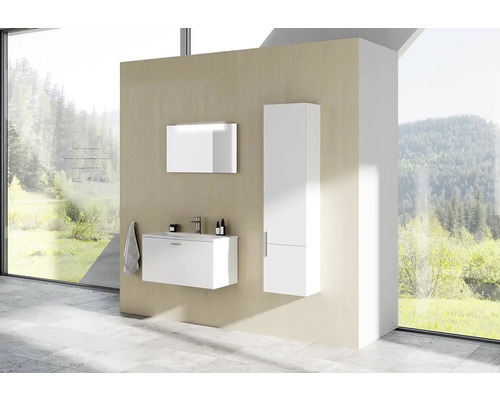 Koupelna s umyvadlovou skříňkou, zrcadlovou skříňkou a vysokou skříňkou