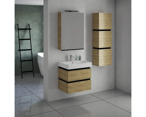 Koupelna s umyvadlovou skříňkou, zrcadlovou skříňkou, vysokou skříňkou a žebříkem k vaně