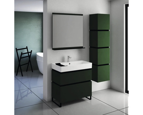 Moderní koupelna s umyvadlovou skříňkou, zrcadlovou skříňkou a vysokou skříňkou