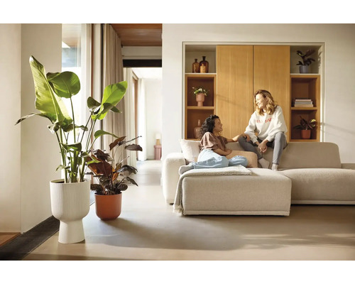 Obývací pokoj s pohovkou, pokojovými rostlinami a dvěma ženami, které si povídají.