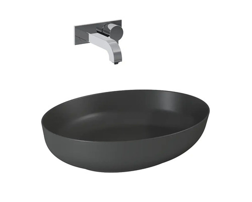 Černé umyvadlo na desku s nástěnnou baterií