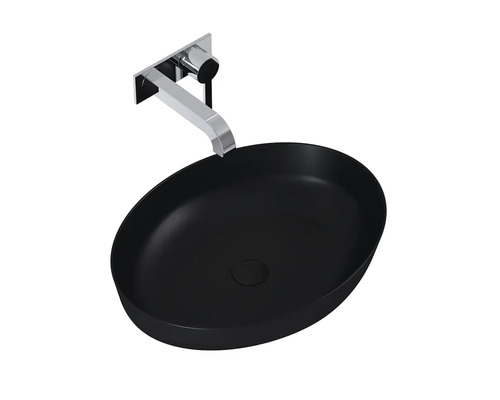 Černé umyvadlo na desku s nástěnnou baterií