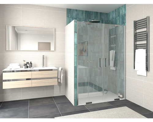 Moderní koupelna se sprchovým koutem, umyvadlem a topným žebříkem na ručníky