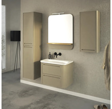 Koupelna s umyvadlem, zrcadlovou skříňkou, závěsnou skříňkou a vysokou skříňkou pro moderní design koupelny.