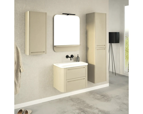 Koupelnový set s umyvadlovou skříňkou, zrcadlovou skříňkou a vysokou skříňkou pro moderní design koupelny.