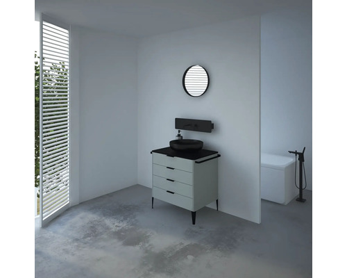 Koupelna s umyvadlovou skříňkou, zrcadlem a vanou v moderním designu.