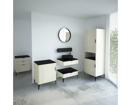 Moderní koupelnový komplet s umyvadlem, spodní skříňkou, zrcadlovou skříňkou a vysokou skříňkou