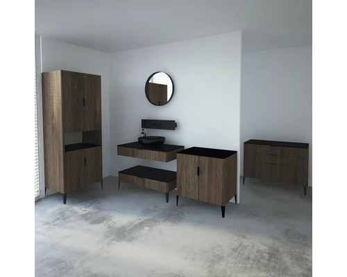 Koupelnový set s umyvadlem, zrcadlovou skříňkou, umyvadlovou mísou a komodou v moderním designu.