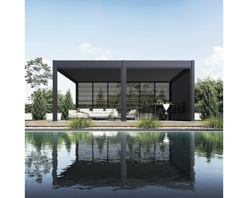 Moderní pergola se zahradním nábytkem a bazénem