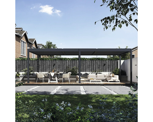 Terasa s pergolou, zahradním nábytkem a rostlinami