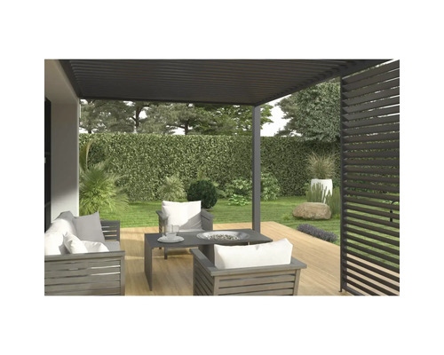 Terasa s pergolou, zahradním nábytkem a rostlinami