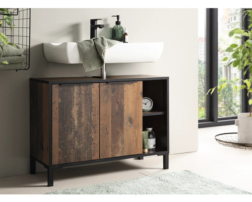 Skříňka pod umyvadlo s umyvadlem, baterií a úložnými přihrádkami v koupelně