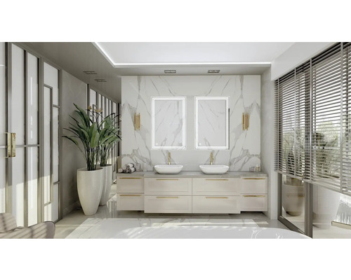 Světlá koupelna s dvojitým umyvadlem, zrcadly s osvětlením a rostlinami