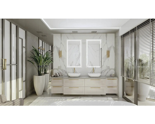 Světlá koupelna s dvojitým umyvadlem, zrcadly a rostlinami