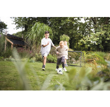 Děti hrají fotbal na zahradě s fotbalovou brankou