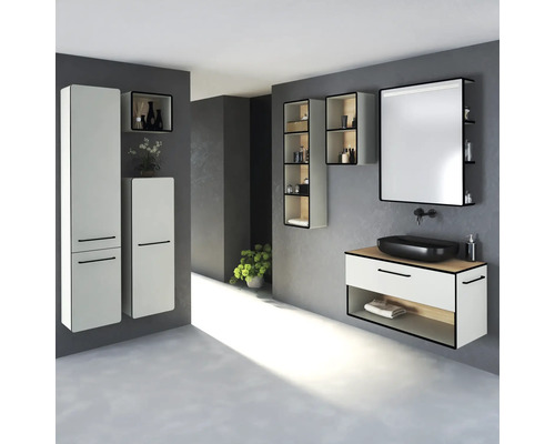 Koupelna s umyvadlovou skříňkou, zrcadlovou skříňkou a vysokými skříněmi