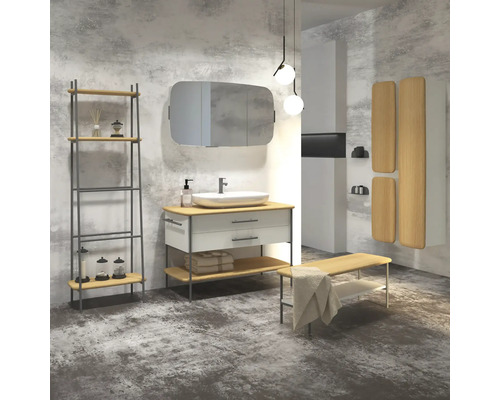 Koupelna s umyvadlovou skříňkou, regálem, zrcadlem, lavicí a osvětlením