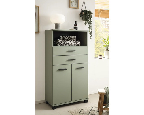 Vysoká skříň se zásuvkami a dvířky pro uložení koupelnových potřeb