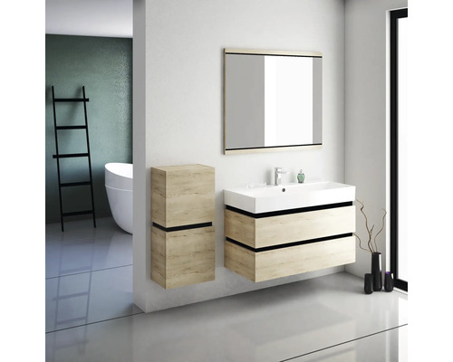 Moderní koupelna s umyvadlovou skříňkou, zrcadlovou skříňkou a vysokou skříňkou v dřevěném provedení