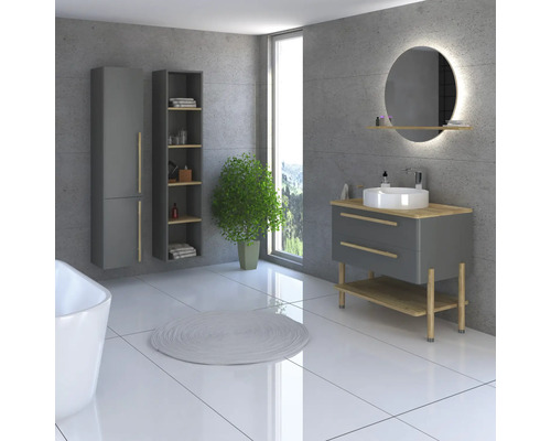 Koupelna s umyvadlem, zrcadlem, skříňkou a rostlinou